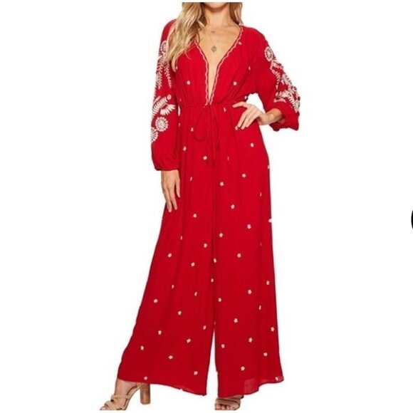 Free People Red Embroidered Romper/Jumpsuit v-neck jumpsuit size XS - Picture 3 of 17